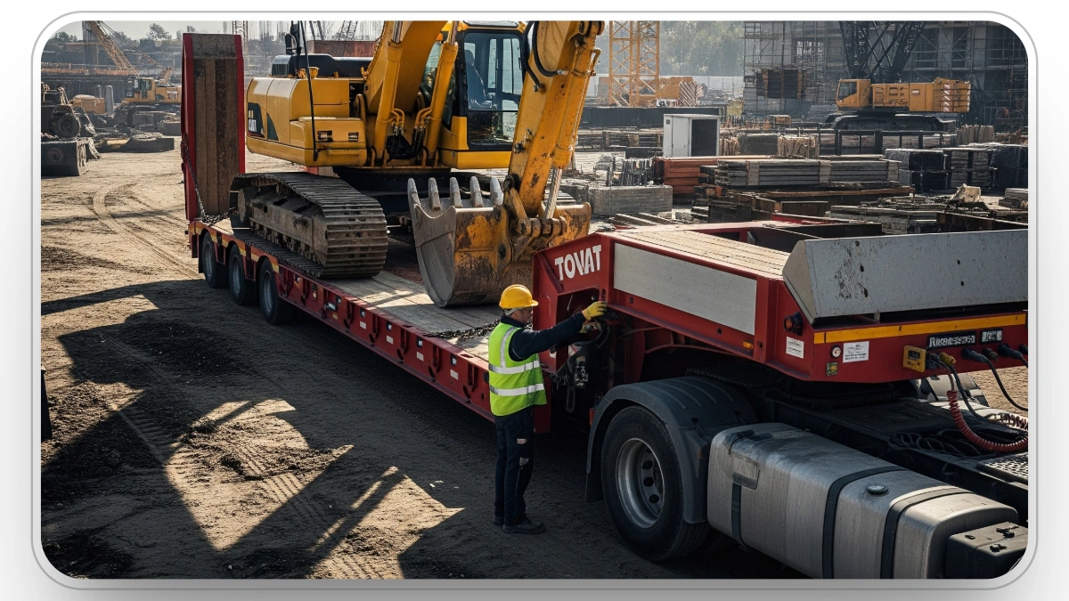 Construction worker securing equipment on a lowboy trailer, demonstrating efficient operations with careful handling of machinery and coordination.