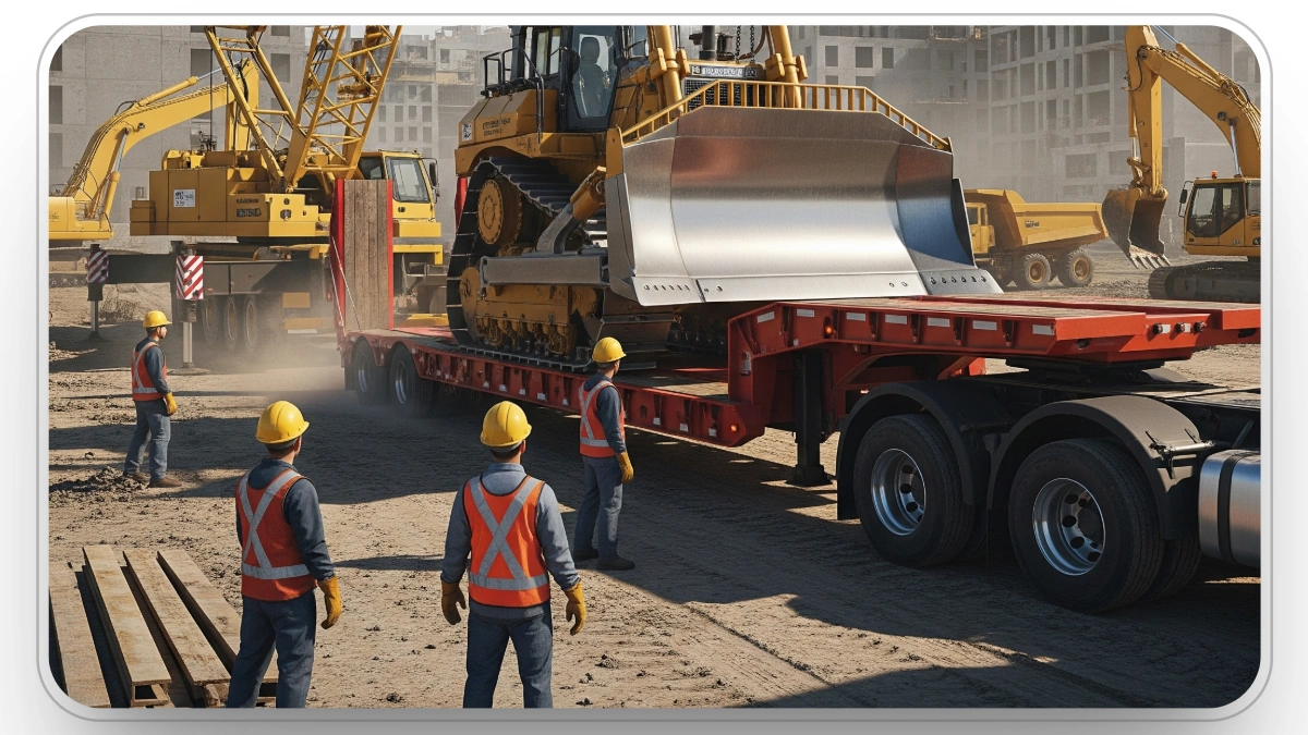 Construction workers loading heavy machinery onto a lowboy trailer, highlighting the crucial role of dispatch and logistics management.