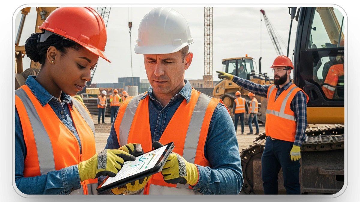 Construction workers coordinating on-site with technology, showcasing teamwork and the use of equipment management software for better efficiency.