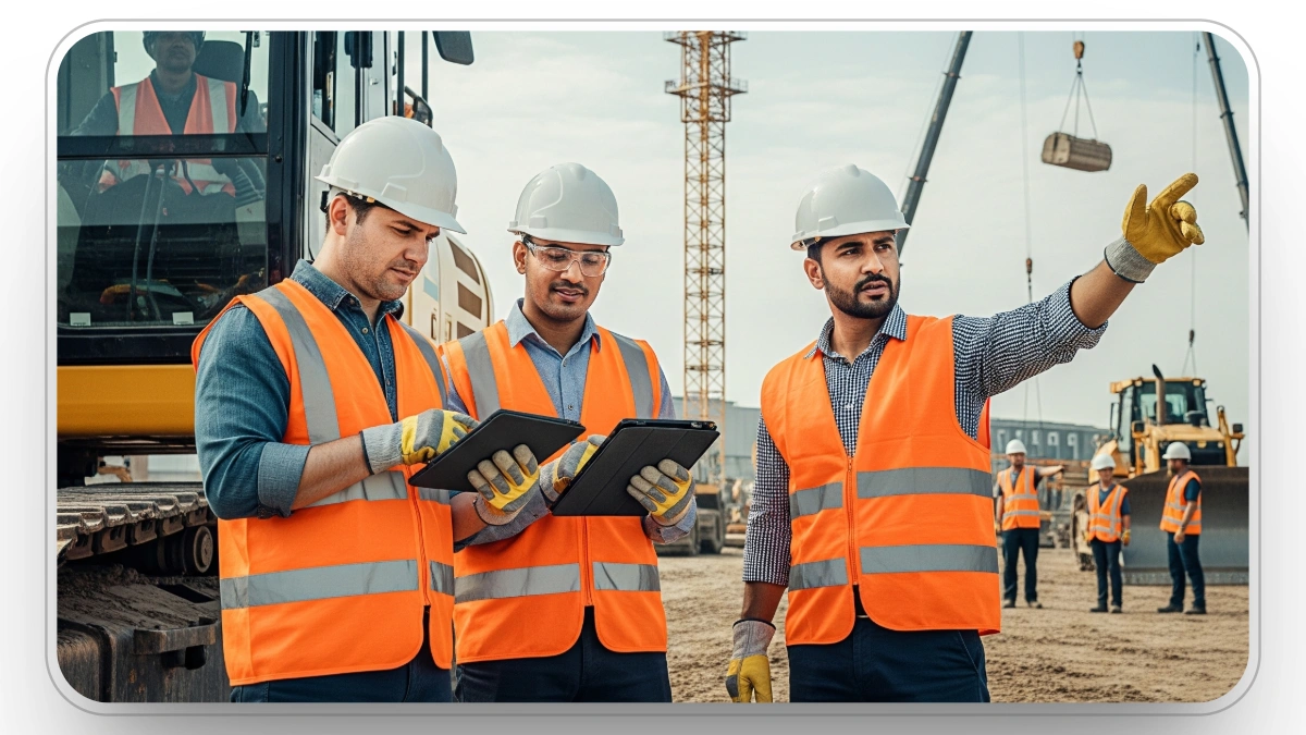 Construction workers collaborating on-site, using tablets for coordination and planning, while overseeing heavy machinery operations.