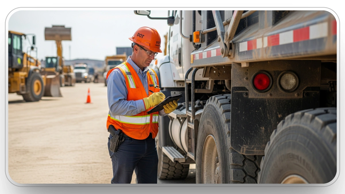 Worker inspecting cargo loading process on a truck with construction equipment.