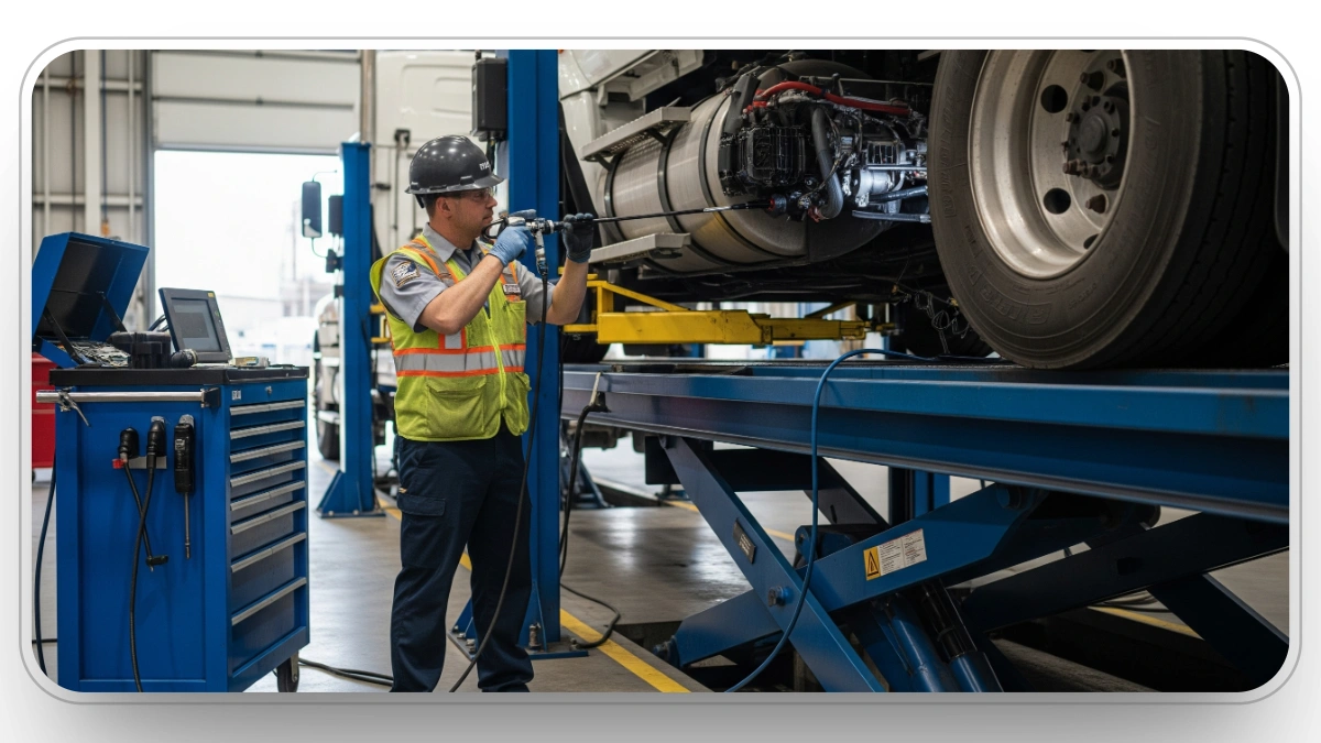 Technician using equipment to inspect truck undercarriage at a maintenance workshop.