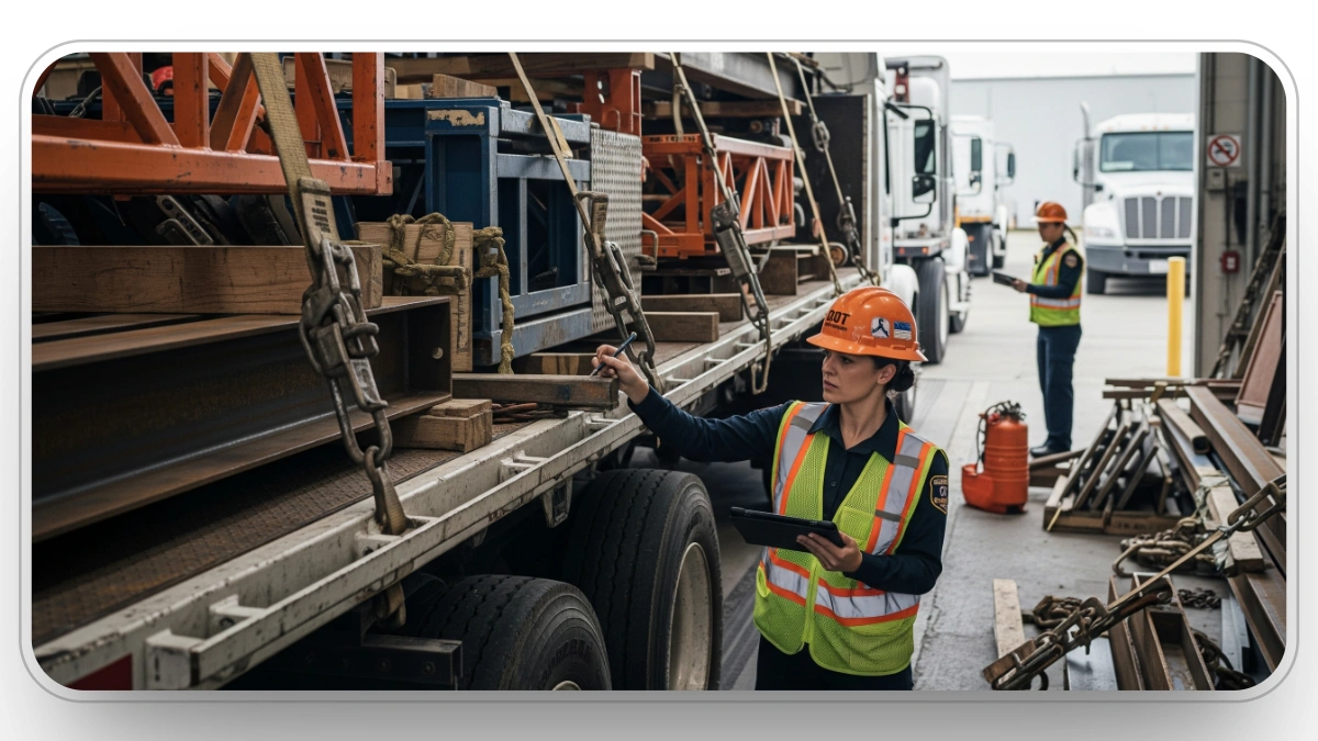 Worker inspecting cargo loading process on a truck with construction equipment.