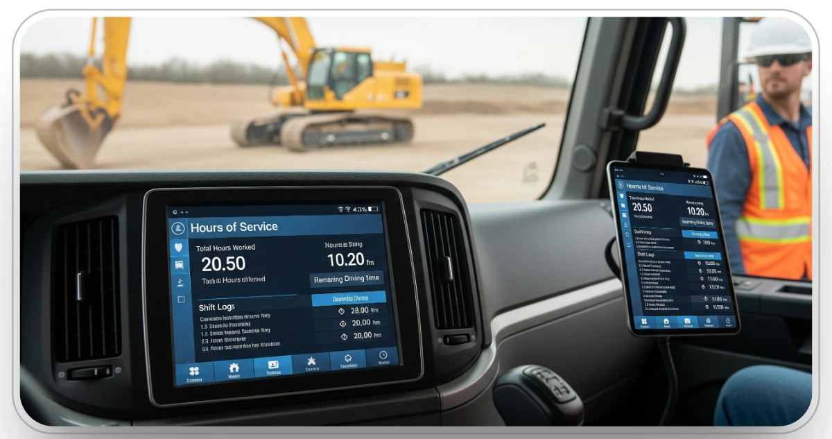 Truck cab showing HOS tracking on dashboard and tablet while equipment operates outside.