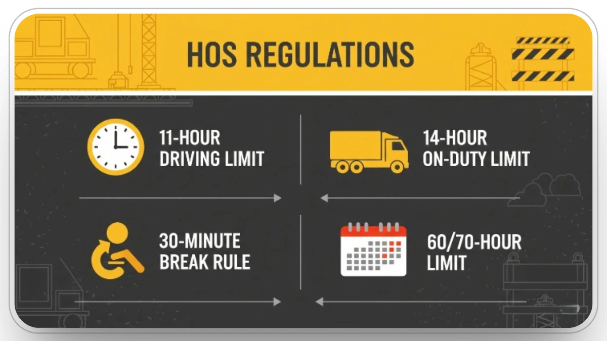 Graphic displays core HOS rules like 11-hour limit, break rules, and 60/70-hour compliance caps.