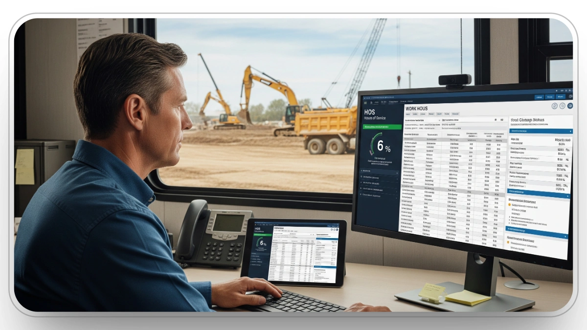 Construction manager reviews HOS reports on a desktop with live job site visible through the window.