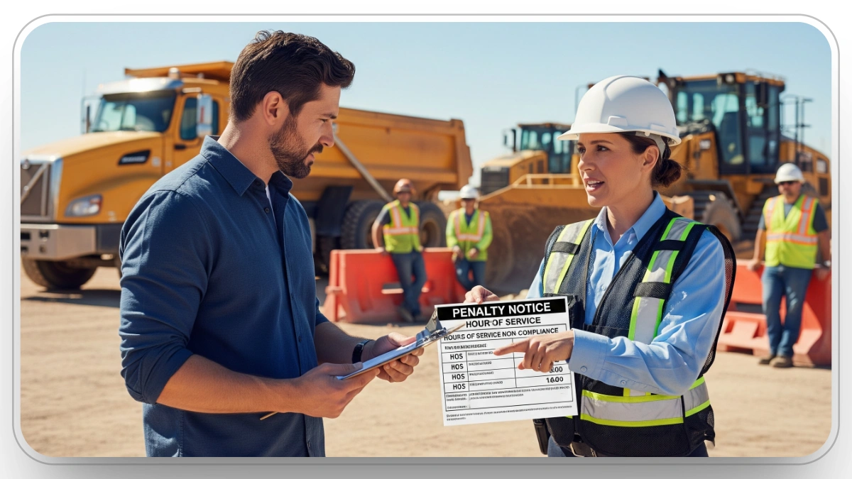 Supervisor issues a penalty notice for HOS non-compliance on a busy construction site.