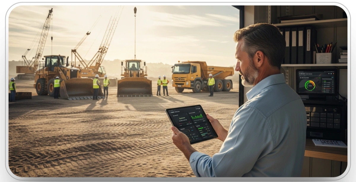 Manager monitors construction equipment and HOS data in real-time using a digital dashboard.