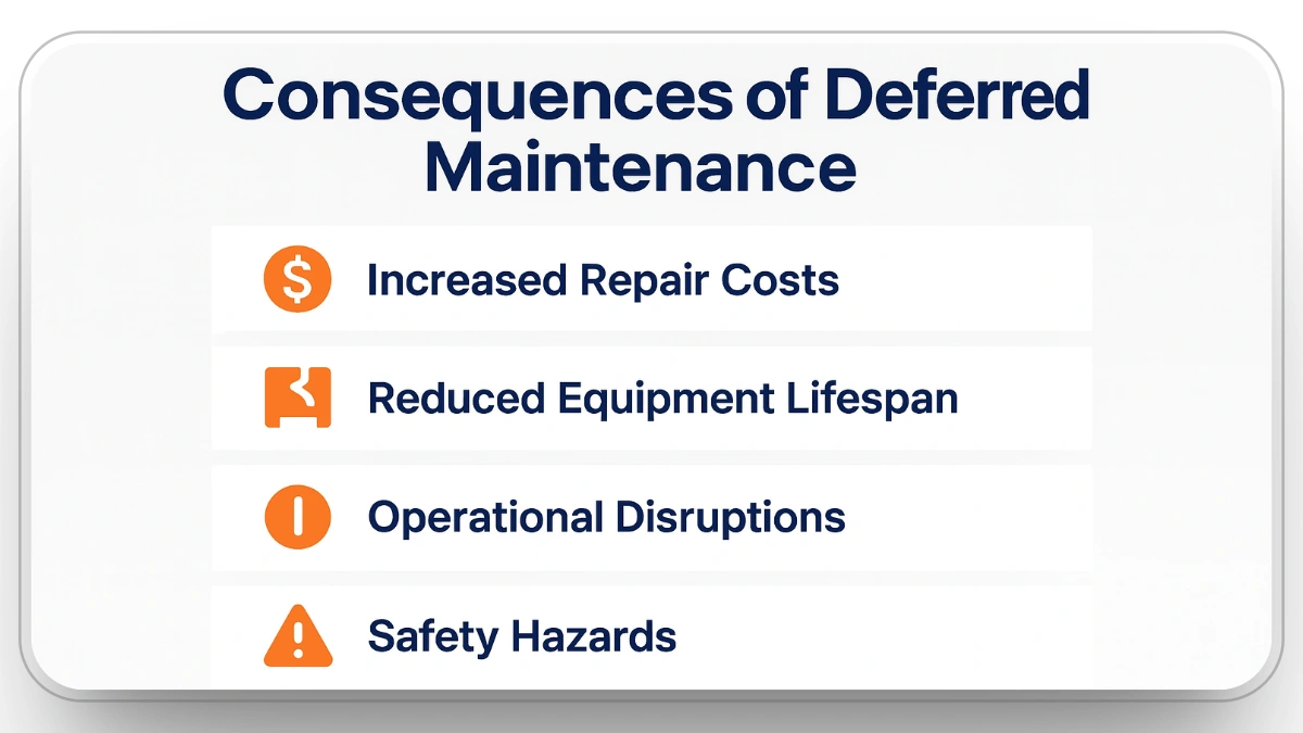 Infographic showing five key consequences of deferred maintenance with icons and bold heading text.