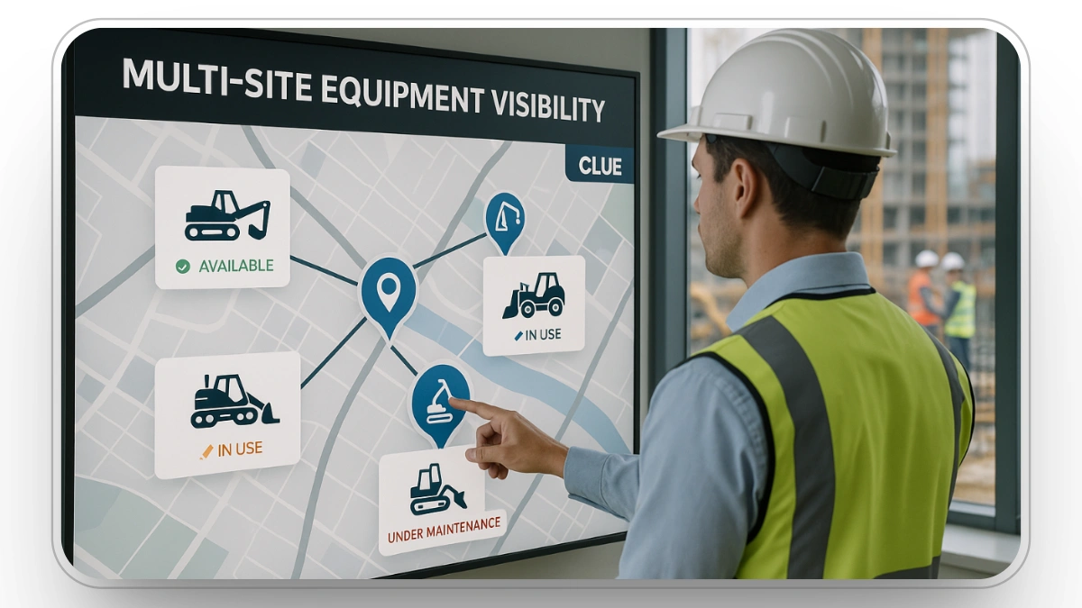 Project manager using CLUE system on screen to monitor real-time equipment across construction sites.
