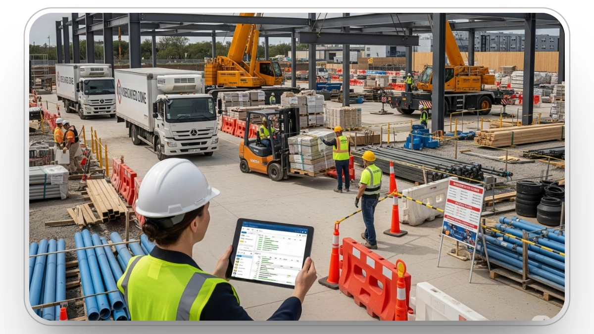 A project manager views a logistics tablet on a bustling, organized construction site.
