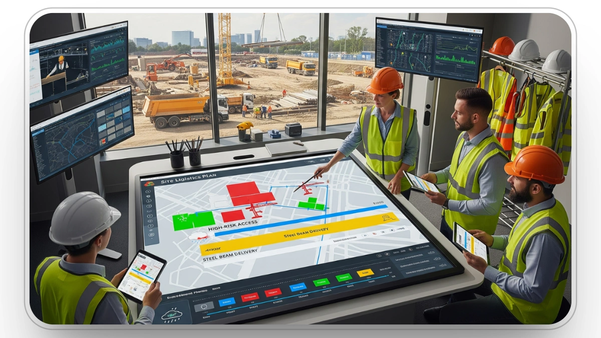 A construction logistics team reviews a digital plan on a large screen in a control room.