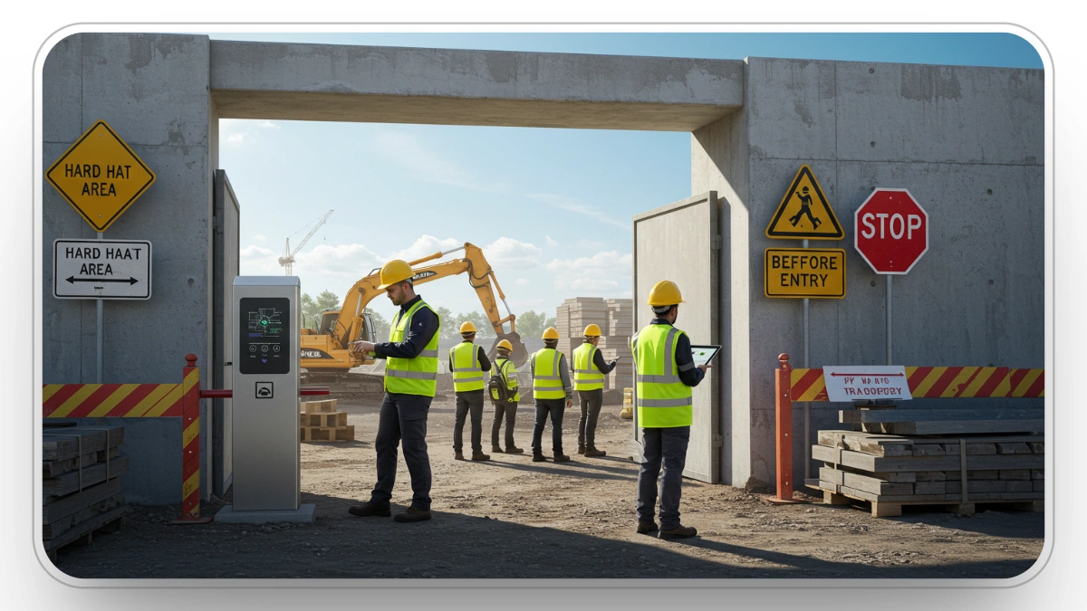 Workers clock in at construction site gate using badges and supervisor monitors data on tablet.