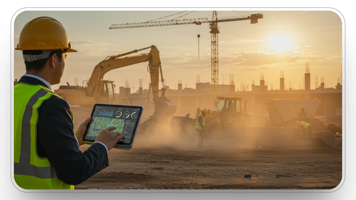 Manager with tablet tracks workforce on dusty site with cranes, excavators, and workers at sunset.