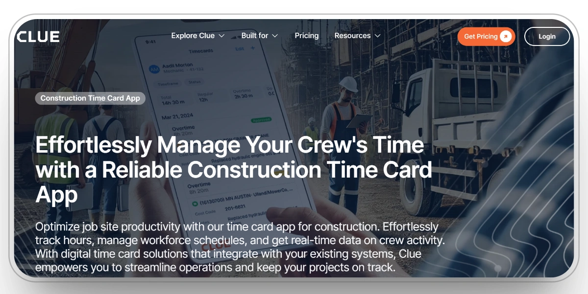 Workers on construction site use Clue app for real-time crew time tracking and payroll accuracy.