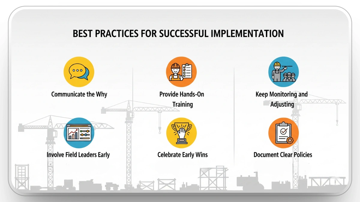 Infographic of six best practices for implementing workforce tracking in construction projects.