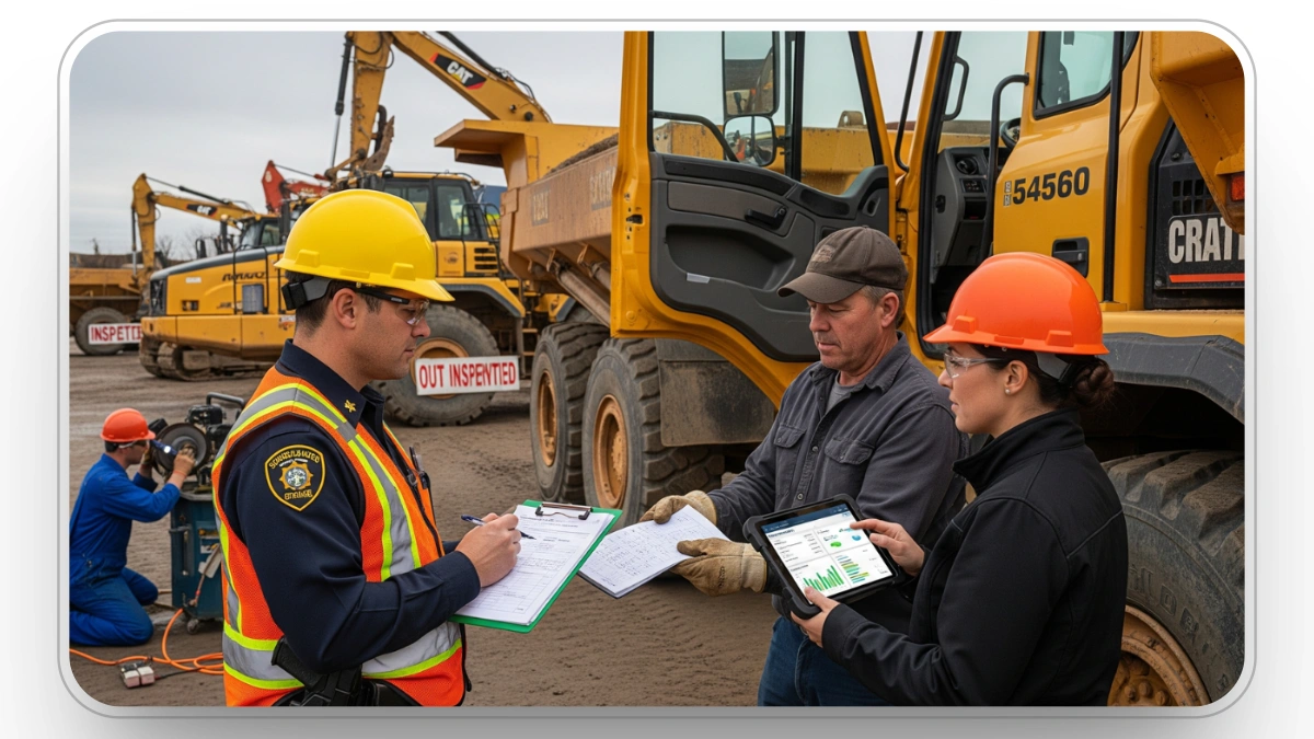 Construction fleet manager reviewing compliance data for vehicle inspections, maintenance, and documentation.