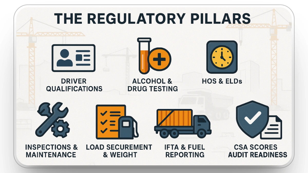 Iconographic representation of key regulatory pillars for fleet compliance: driver qualifications, HOS, inspections, and more.
