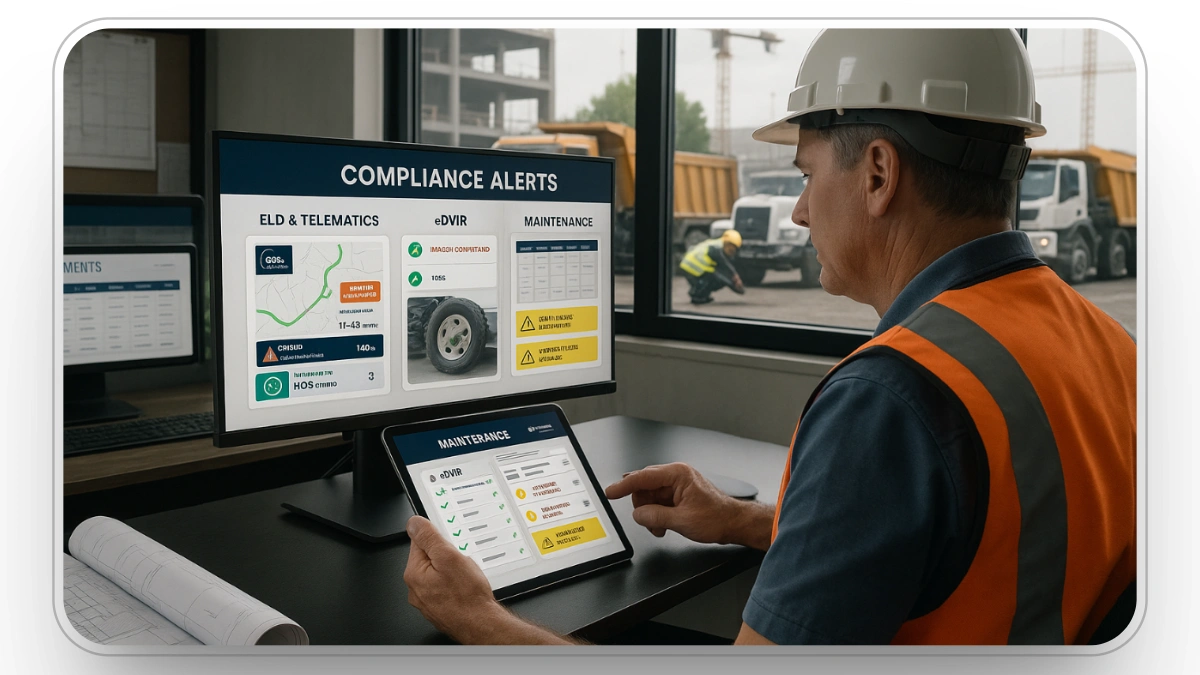 Compliance management dashboard showcasing ELD, telematics, eDVIR, and maintenance tracking for fleet management.