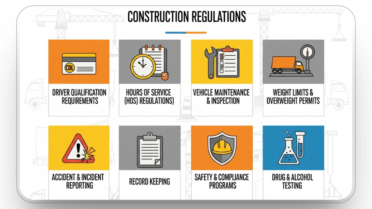 Visual guide showing key DOT rules like CDL, HOS, inspections, permits, and safety programs