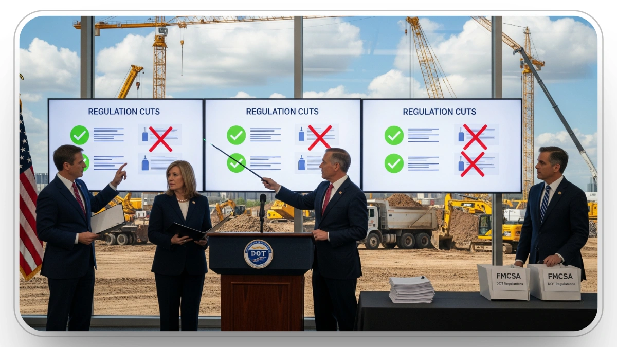 USDOT officials present deregulation cuts to FMCSA rules with visual checklist of changes
