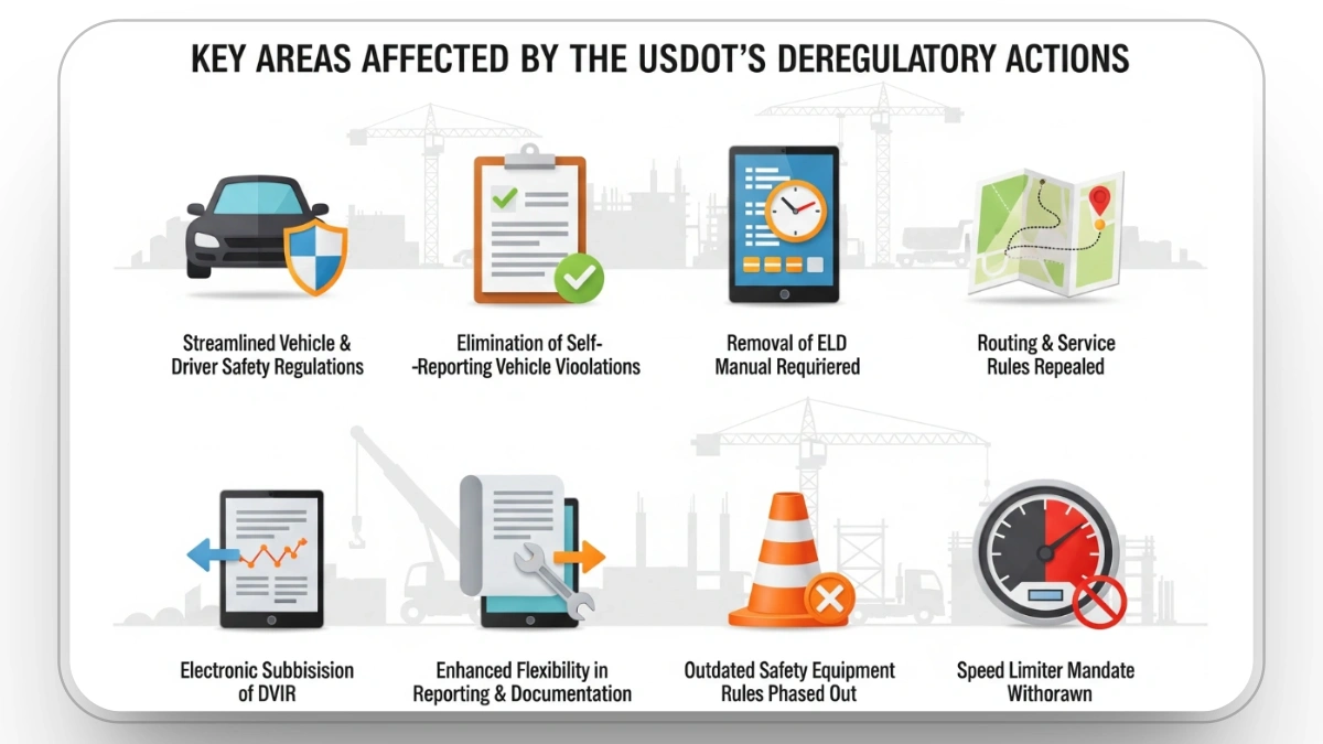 Infographic of key areas affected by USDOT deregulation, including safety and compliance rules