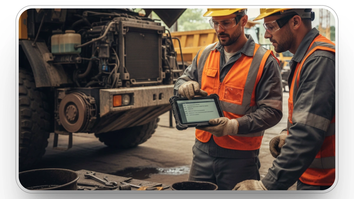 technicians-using-digital-tablet-for-fleet-maintenance-checks-and-vmrs-compliance-on-construction-site