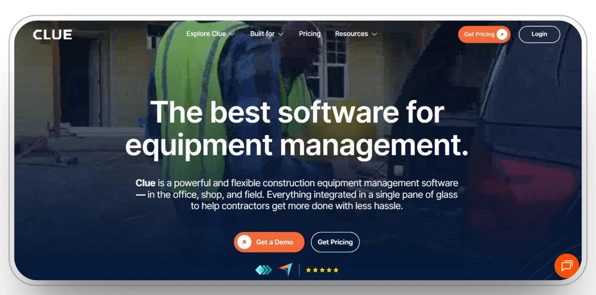 Clue construction equipment management software on a worksite with a construction worker.