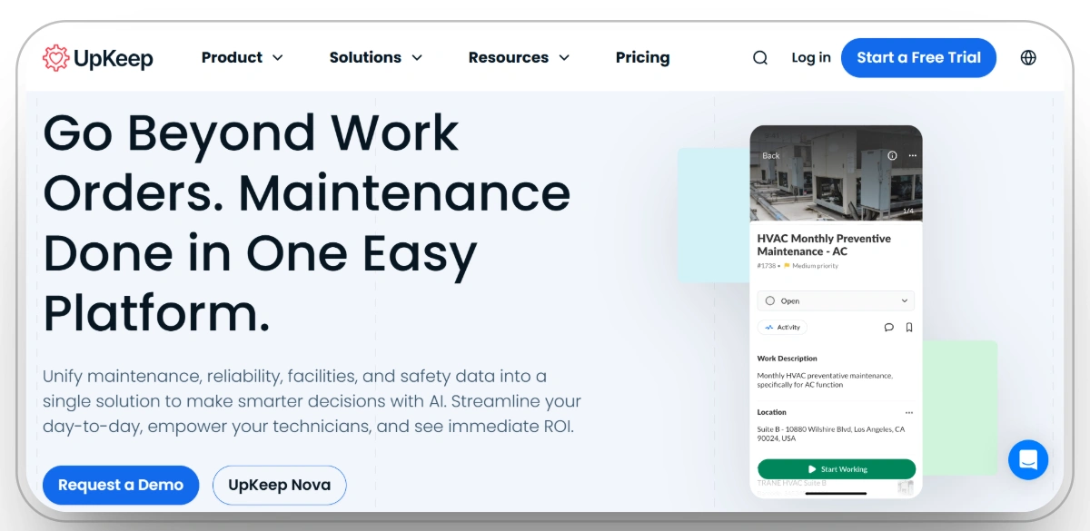 UpKeep software interface for streamlining maintenance and real-time asset management.
