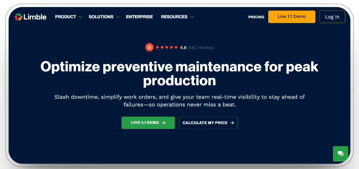 Limble software interface optimizing preventive maintenance and work orders for production.