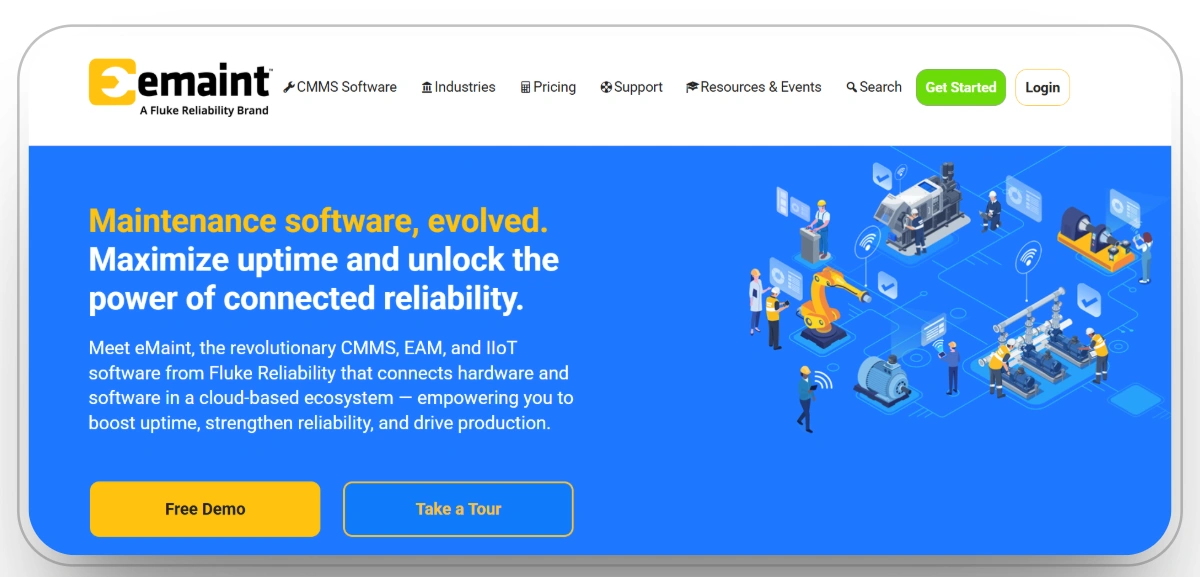 eMaint maintenance software for maximizing uptime, showing industrial equipment.