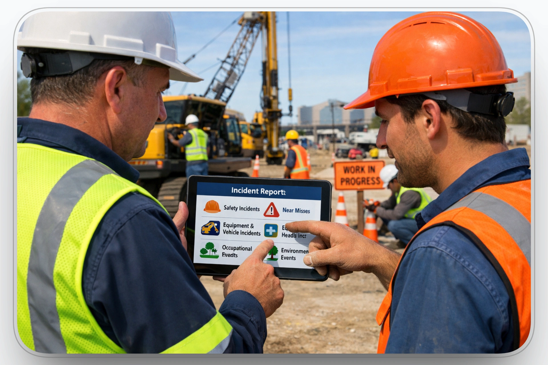 Construction workers using a tablet to report incidents on-site.