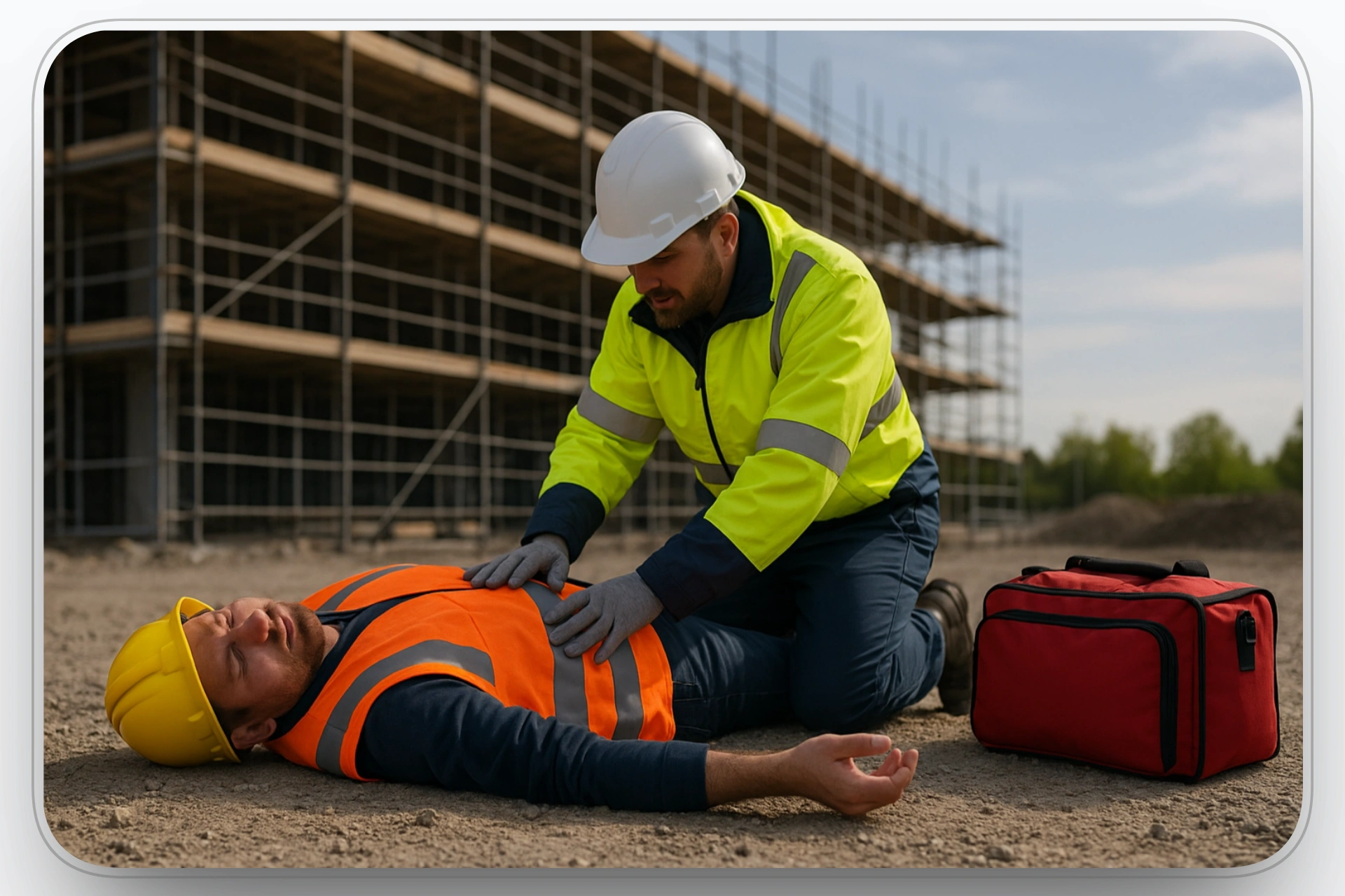 Construction workers providing first aid while incident reporting.