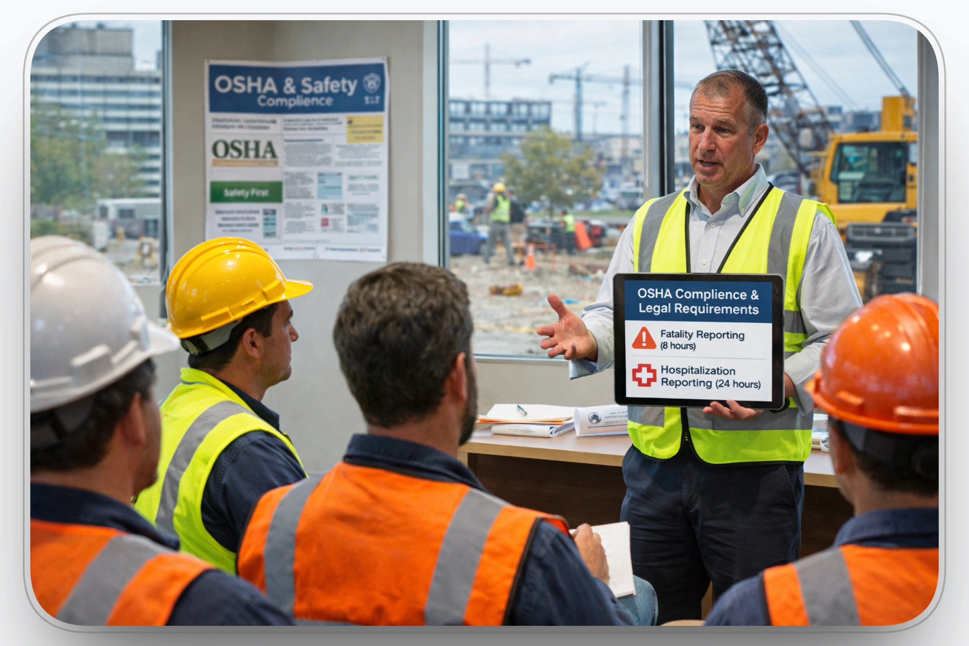 Construction team discussing OSHA compliance and incident reporting procedures.