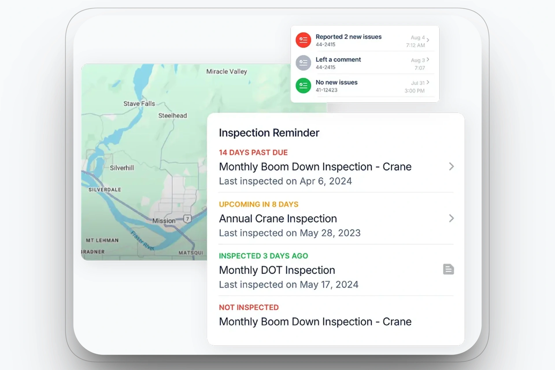 Inspection reminders and incident reporting tools displayed on a tablet.