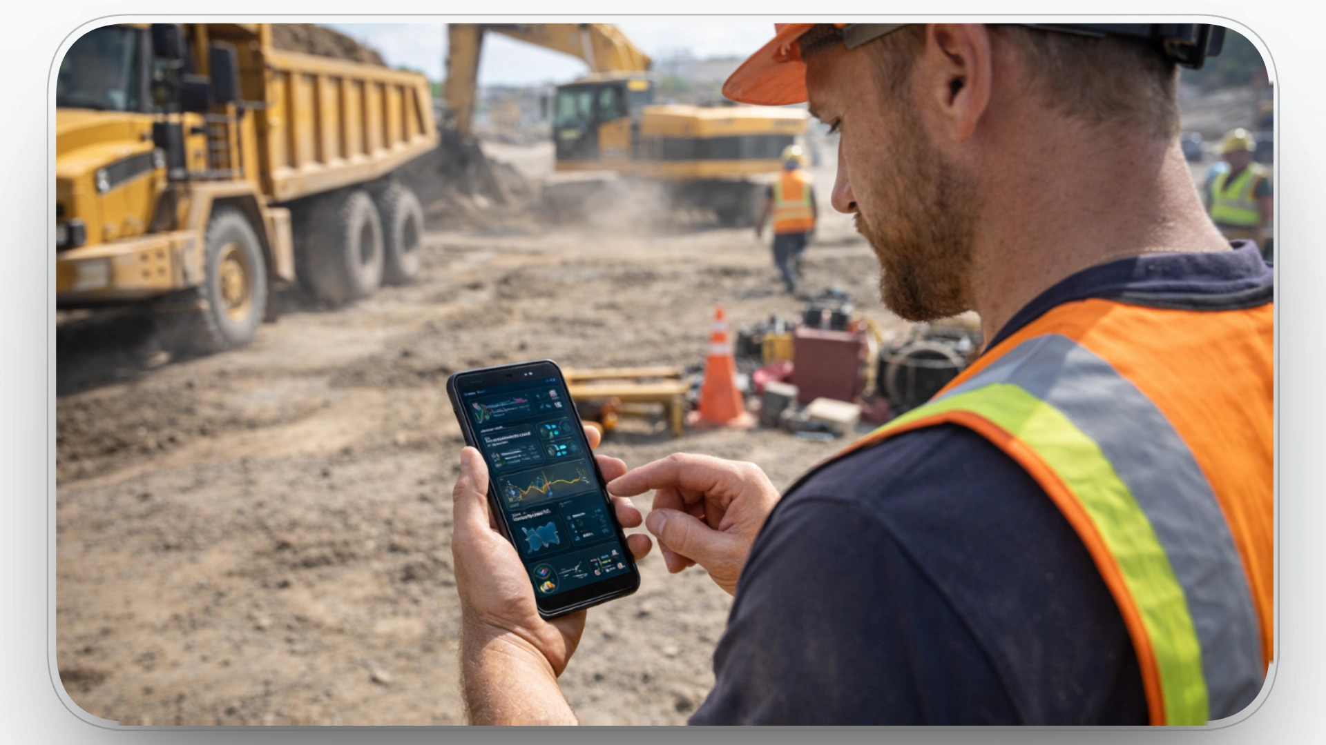 AI in Fleet Management Construction worker monitoring fleet data on a smartphone at a job site.