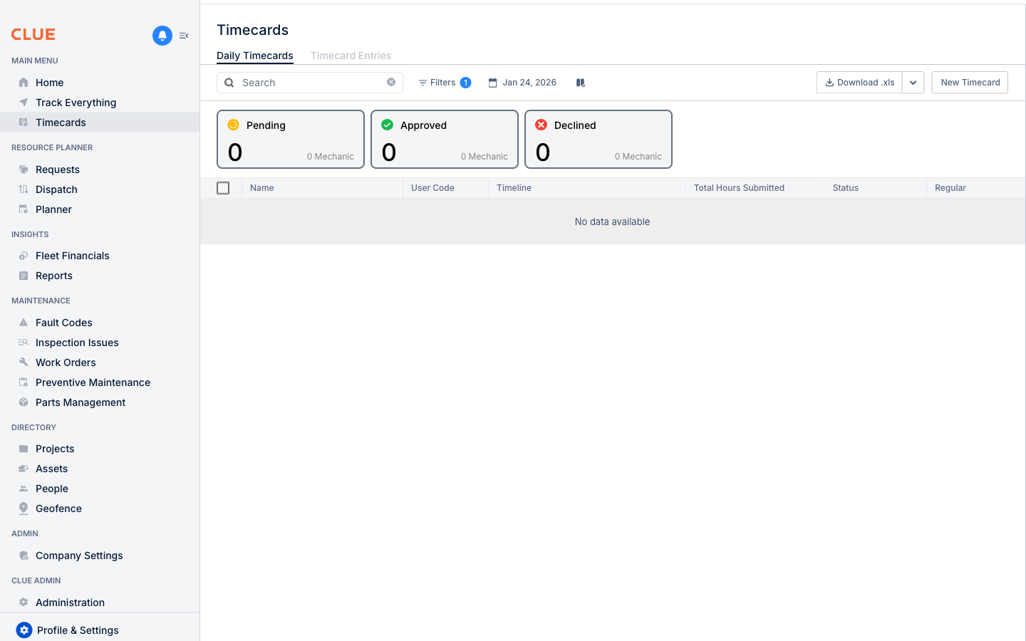 CLUE Timecards screen showing labor hour tracking