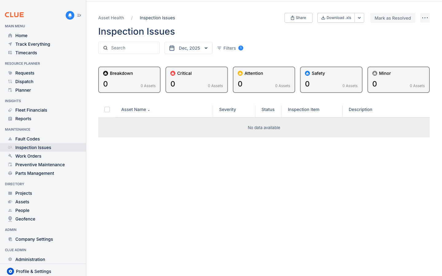 CLUE Inspection Issues screen showing inspection results