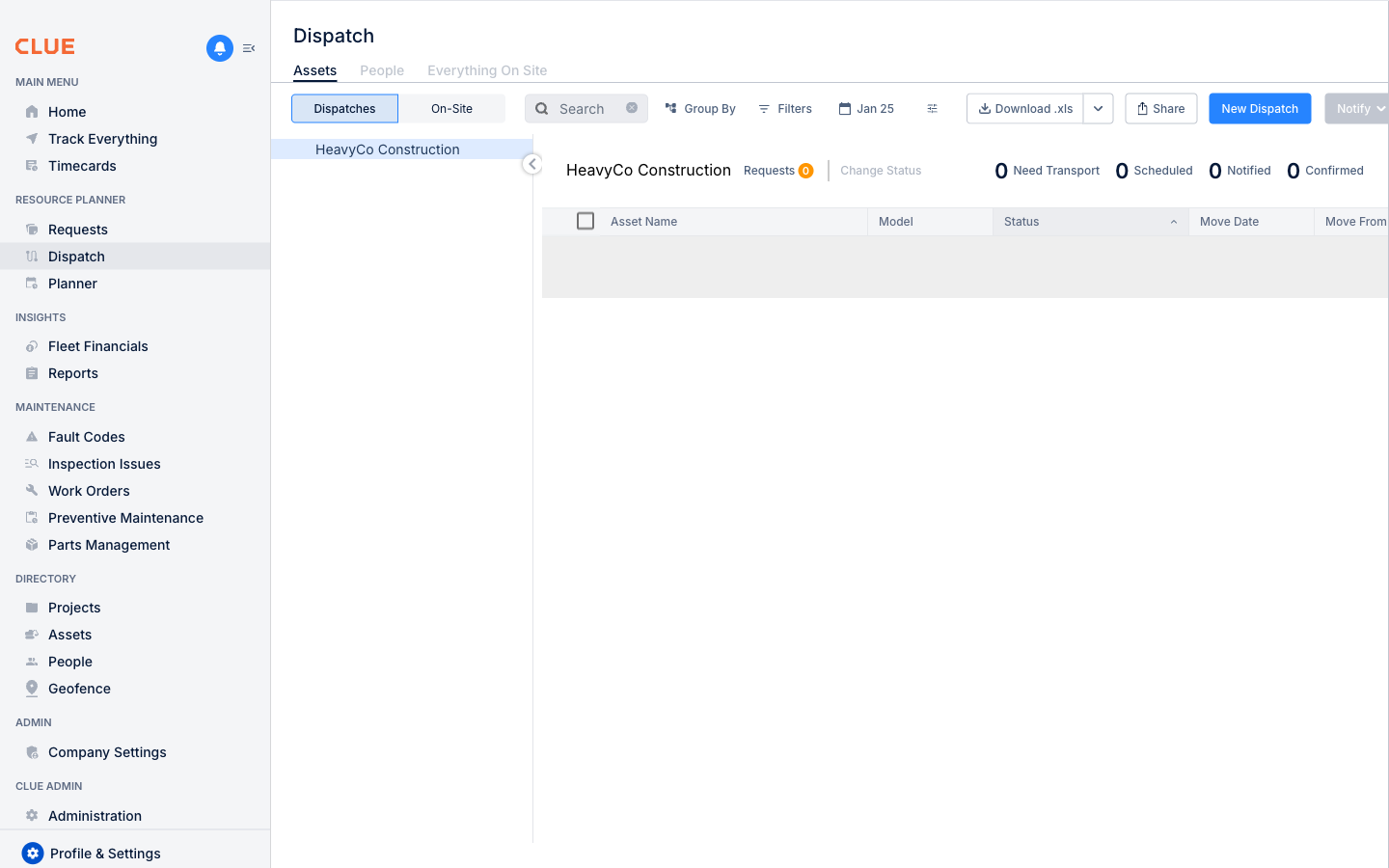 CLUE Dispatch Board showing resource assignment interface