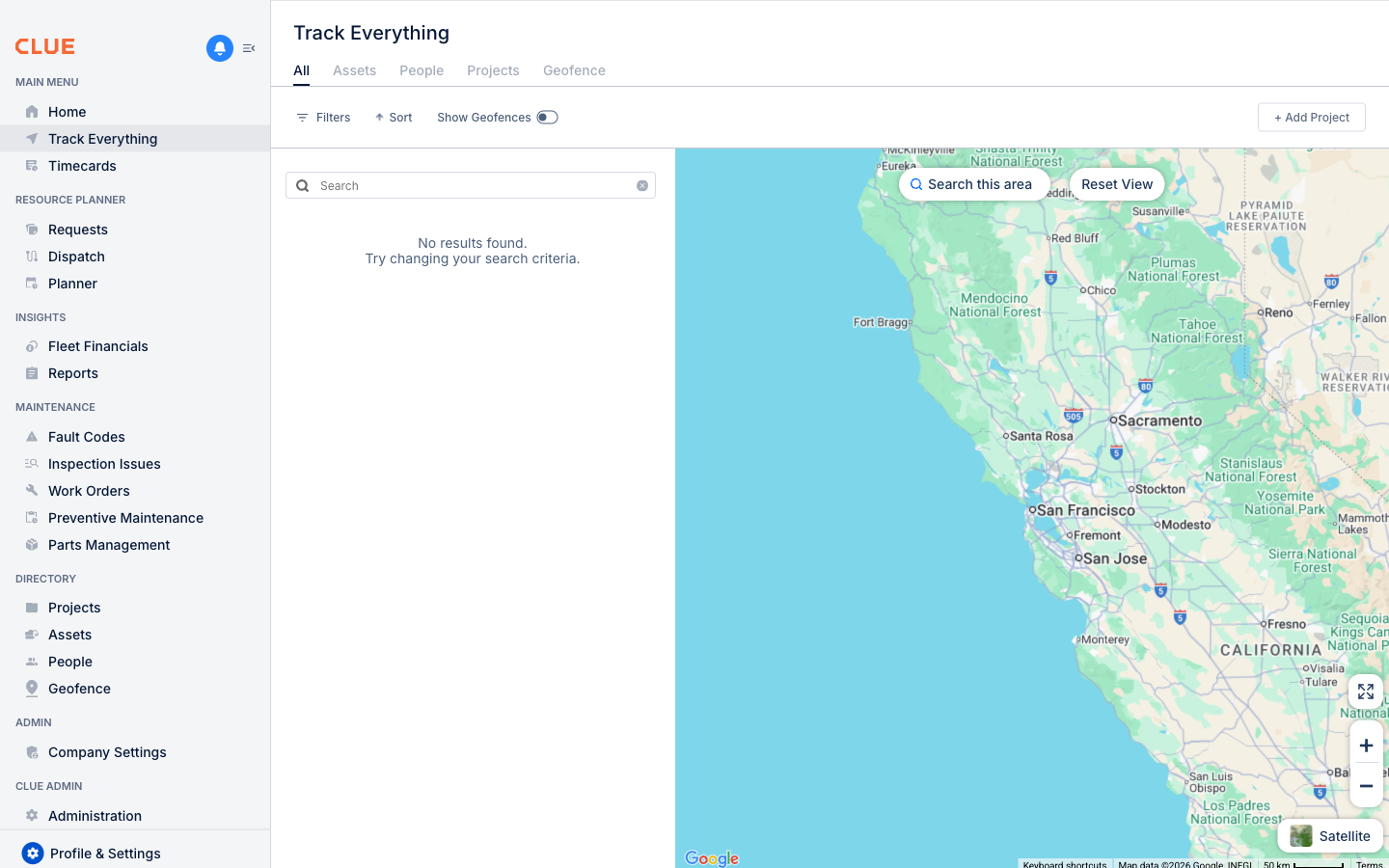 CLUE Track Everything map view showing real-time asset locations
