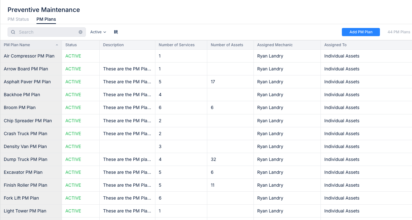 PM Plans tab showing list of maintenance plans with all columns visible
