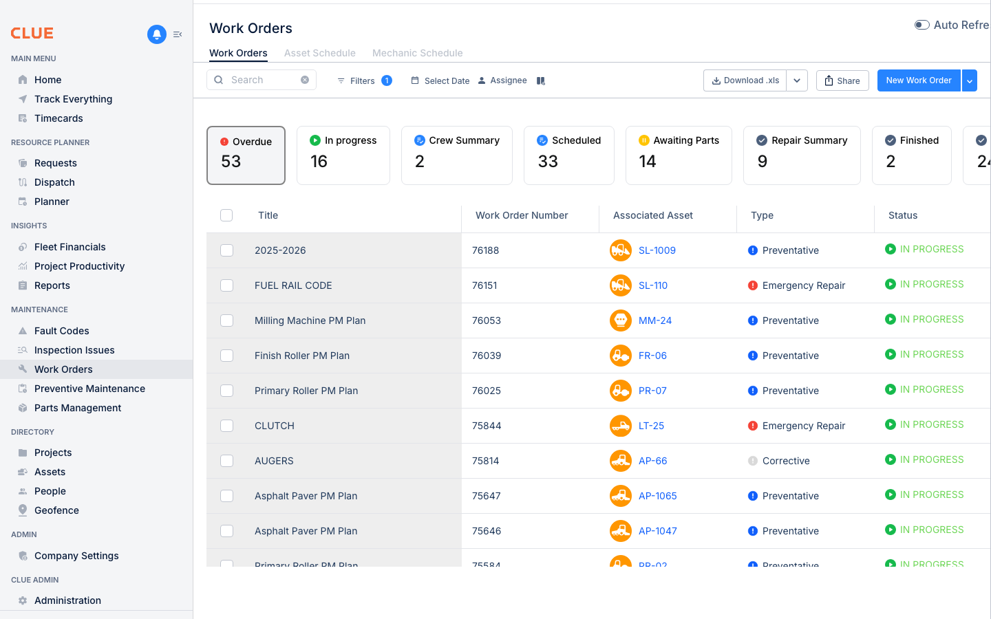 Work Orders list showing all work orders with status, type, and asset information