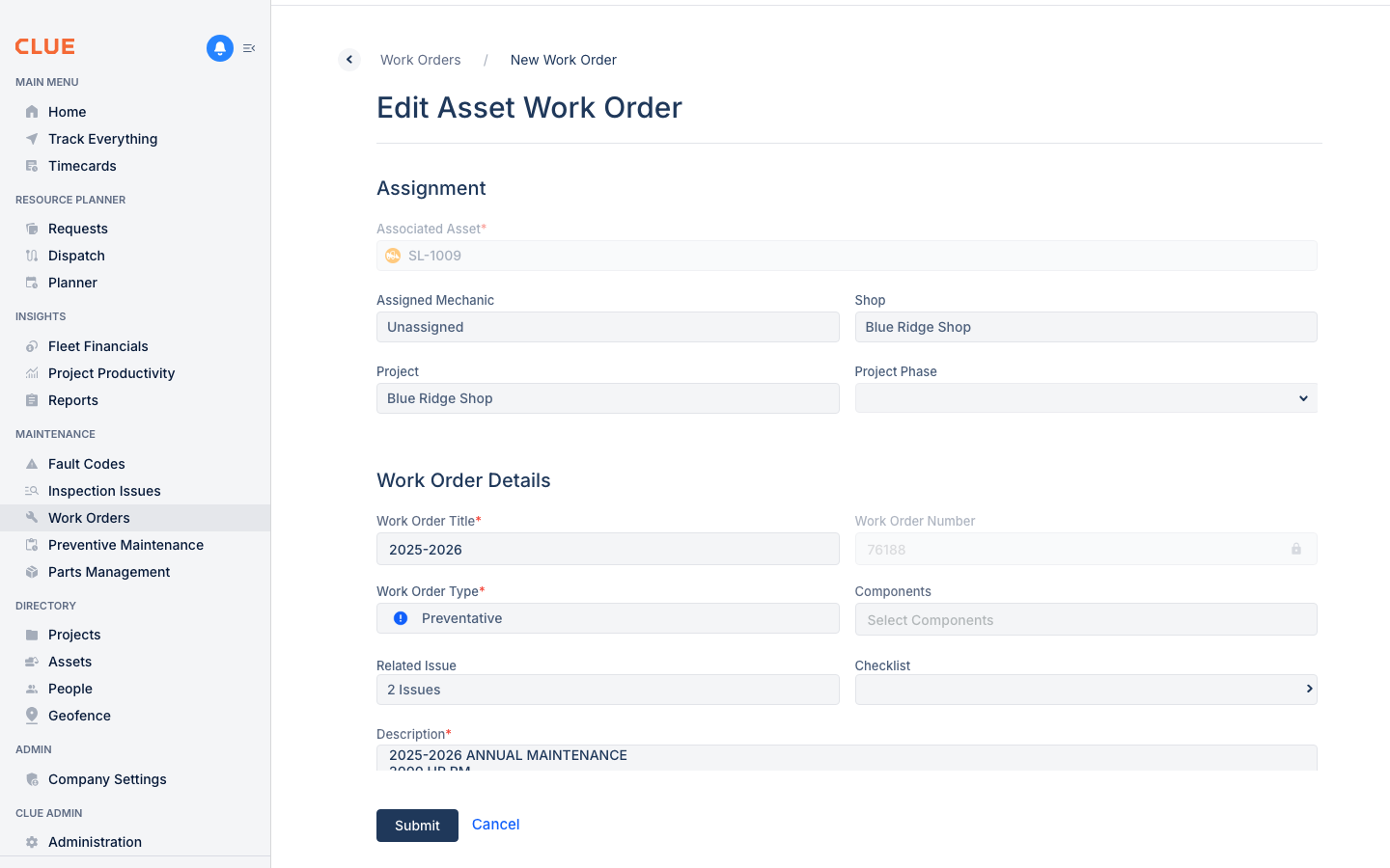 Edit Asset Work Order form showing all editable fields including Assignment and Work Order Details sections
