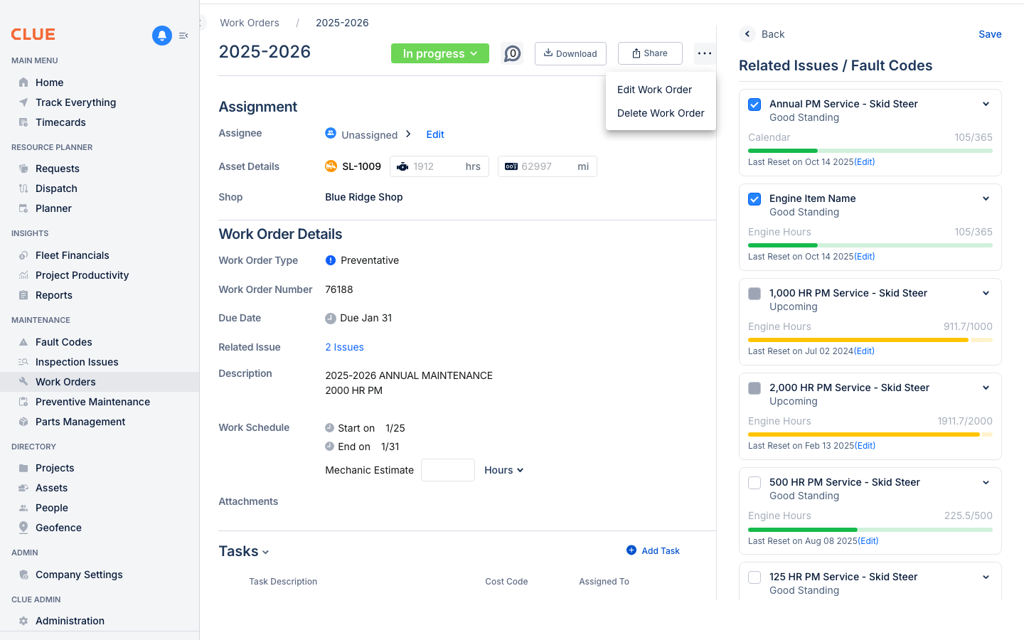 Three-dot menu expanded showing Edit Work Order and Delete Work Order options