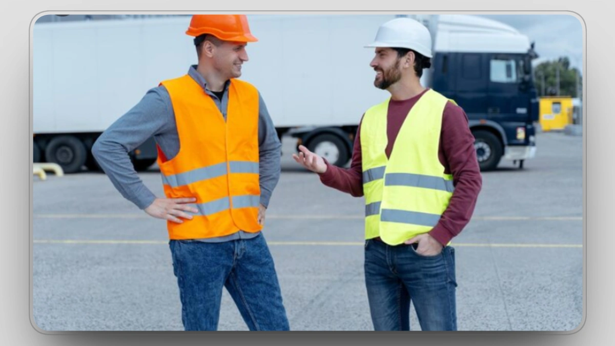 Construction workers discussing project details.