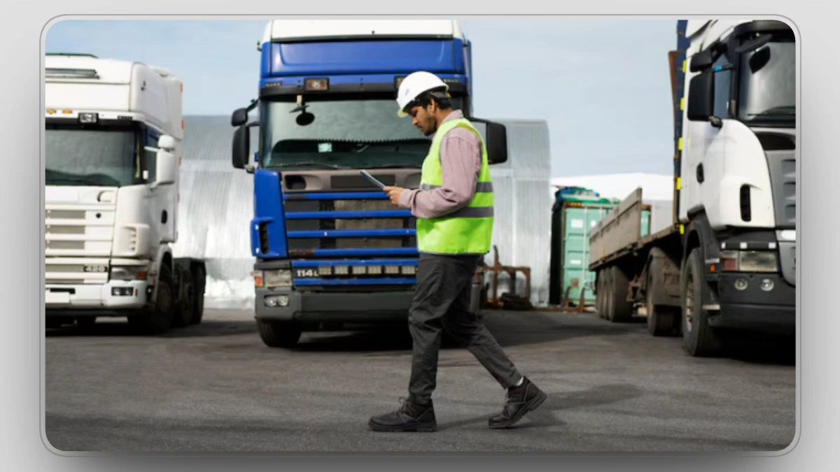 Construction worker inspecting fleet vehicles on a job site.