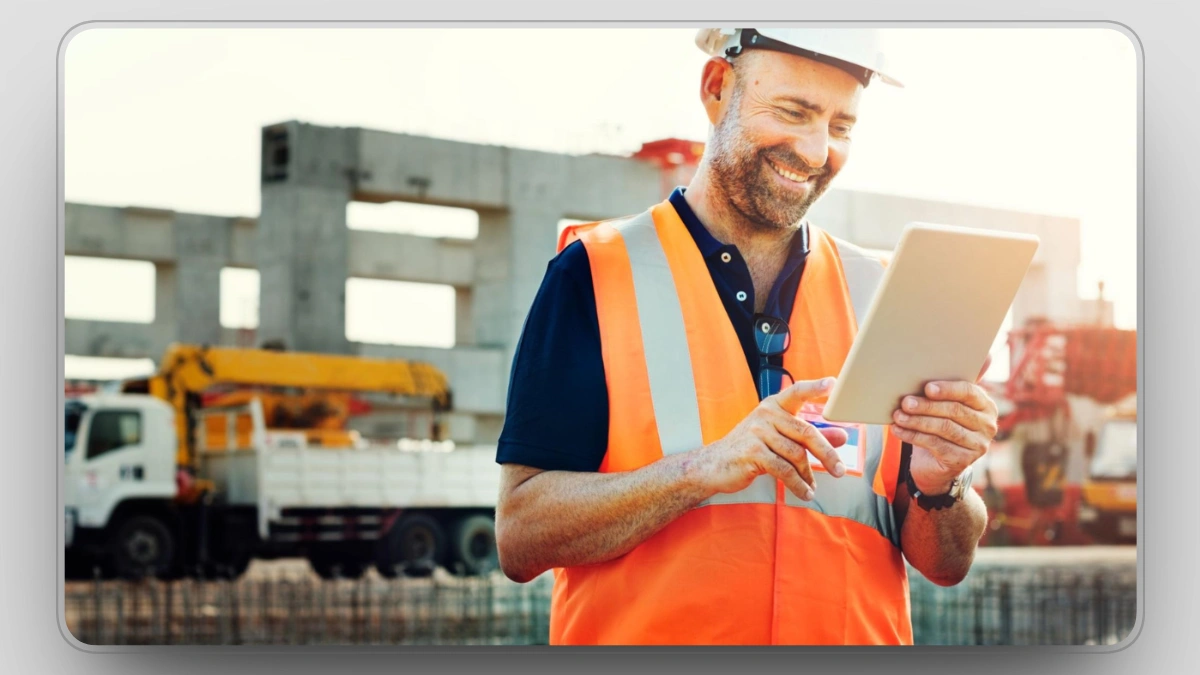 Construction worker using a tablet to manage fleet data on a construction site.