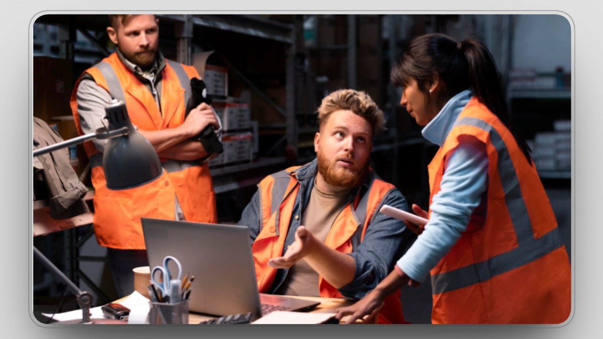 Team of construction workers in a discussion, managing project logistics