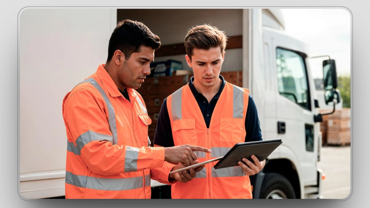 Construction workers collaborating on fleet management using a tablet.