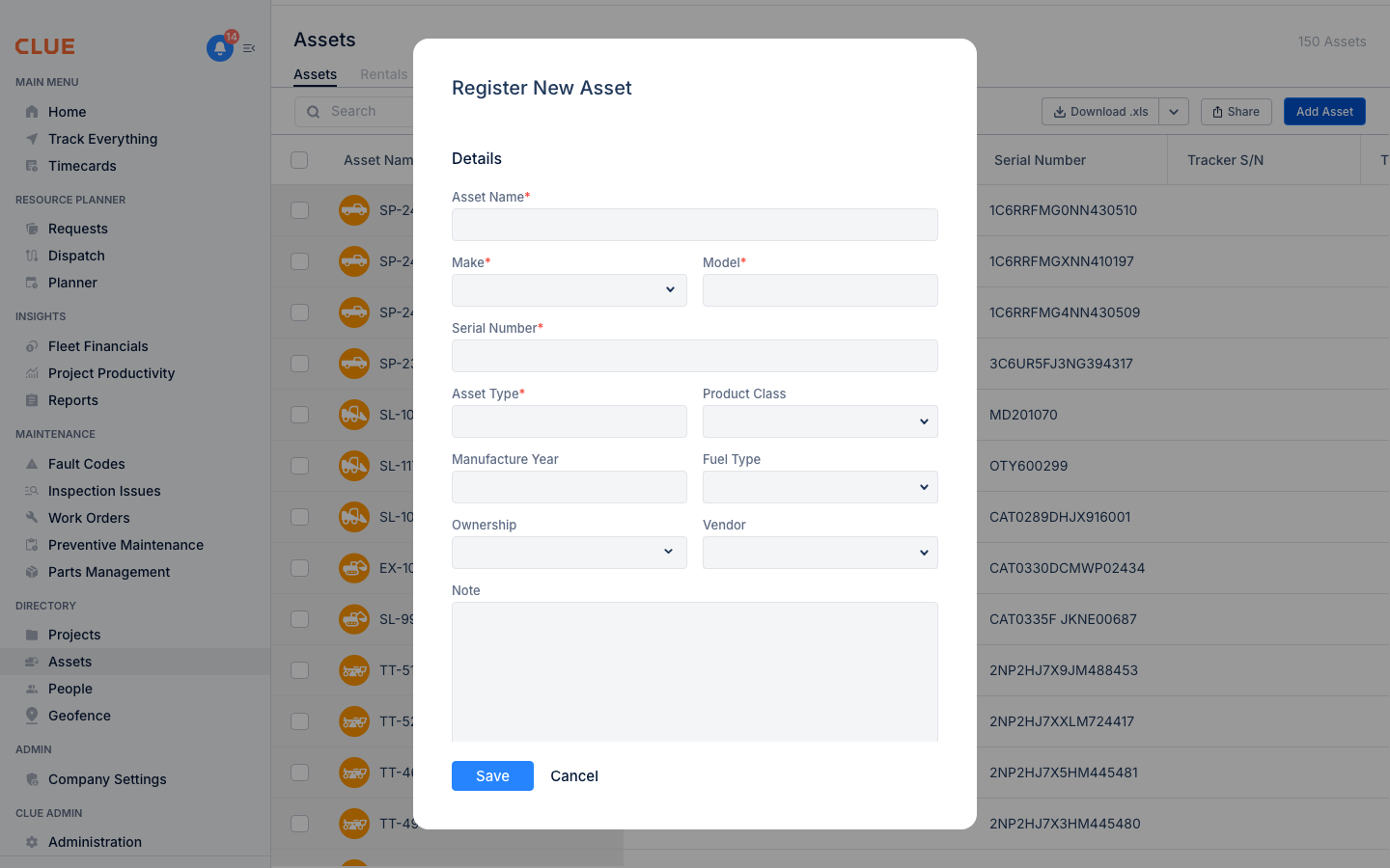 Register New Asset form showing all available fields